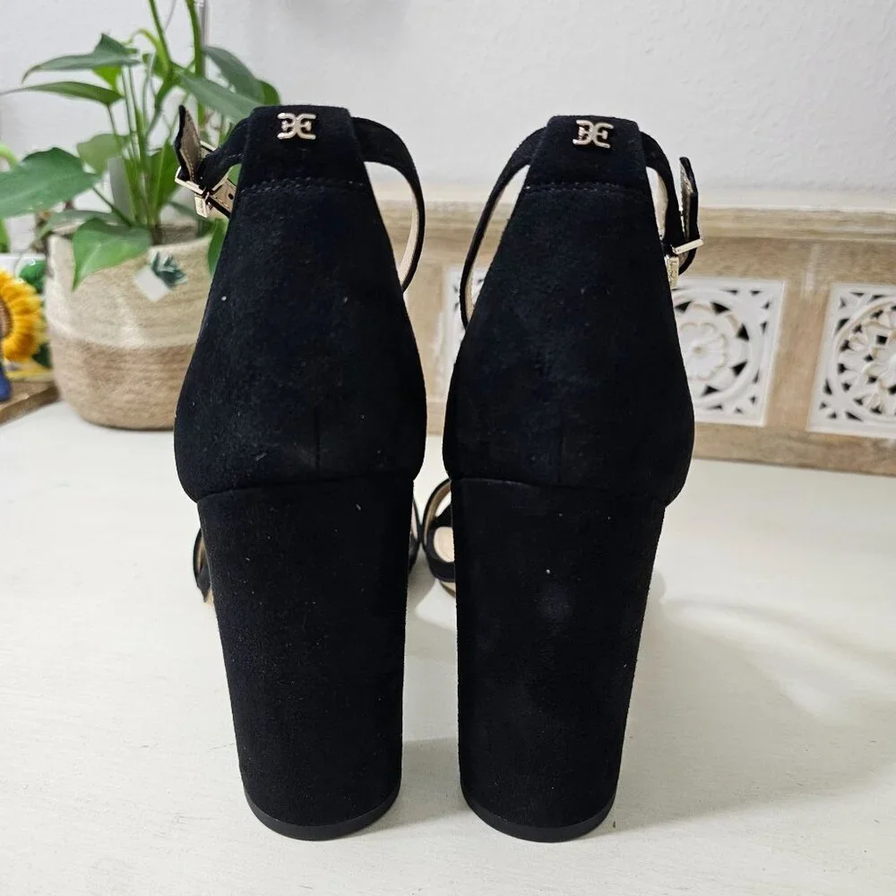 SAM EDELMAN Black Leather Suede Ankle Strap Block Heel Sandal Womens Sz 9.5 W - Picture 4 of 9